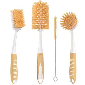 Beige Dish Brush Set of 4 with Bottle Water Brush Dish Scrub Brush Scrubber Brush and Straw Brush for Kitchen Ergonomic Non Slip Long Handle