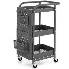 3-Tier Utility Storage Cart with DIY Pegboard Baskets (Color: Gray)